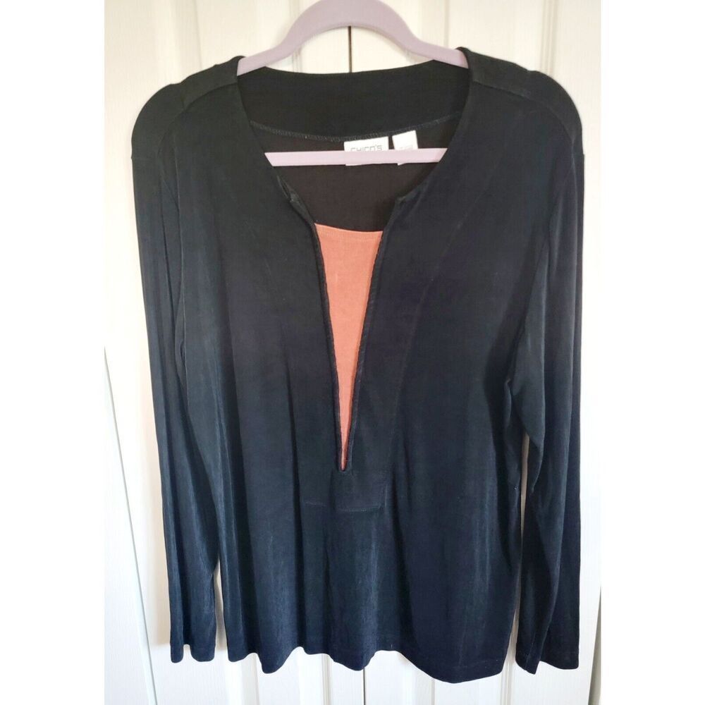 Chico’s Travelers 3 Black Slinky Blouse V- Neck Copper Insert‎ Long Sleeve New